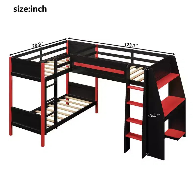 Whisen Lit superposé en L de taille double avec lit mezzanine de jeu de taille double, bureau intégré, étagères - Noir et Rouge