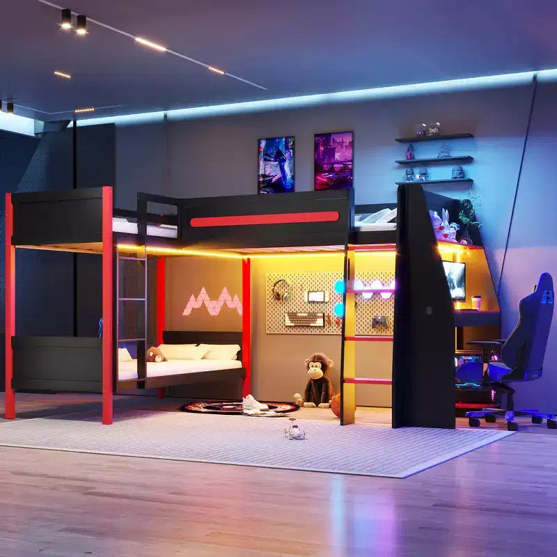 Whisen Lit superposé en L de taille double avec lit mezzanine de jeu de taille double, bureau intégré, étagères - Noir et Rouge