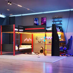 Whisen Lit superposé en L de taille double avec lit mezzanine de jeu de taille double, bureau intégré, étagères - Noir et Rouge