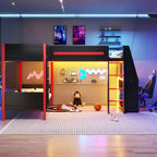 Whisen Lit superposé en L de taille double avec lit mezzanine de jeu de taille double, bureau intégré, étagères - Noir et Rouge