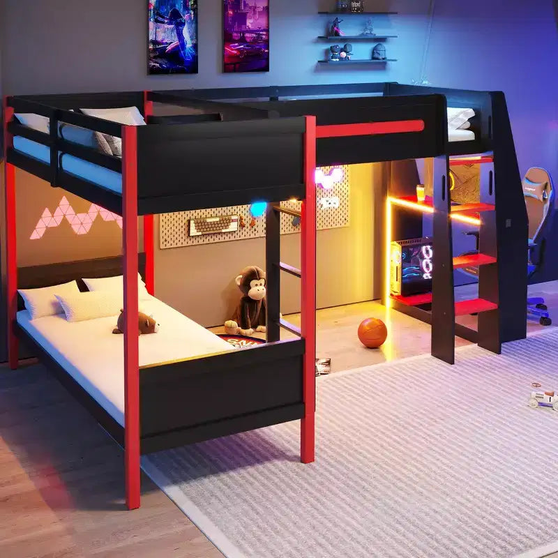 Whisen Lit superposé en L de taille double avec lit mezzanine de jeu de taille double, bureau intégré, étagères - Noir et Rouge