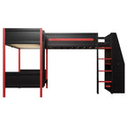 Whisen Lit superposé en L de taille double avec lit mezzanine de jeu de taille double, bureau intégré, étagères - Noir et Rouge