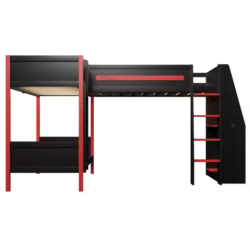 Whisen Lit superposé en L de taille double avec lit mezzanine de jeu de taille double, bureau intégré, étagères - Noir et Rouge