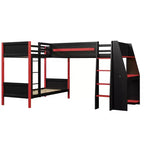Whisen Lit superposé en L de taille double avec lit mezzanine de jeu de taille double, bureau intégré, étagères - Noir et Rouge