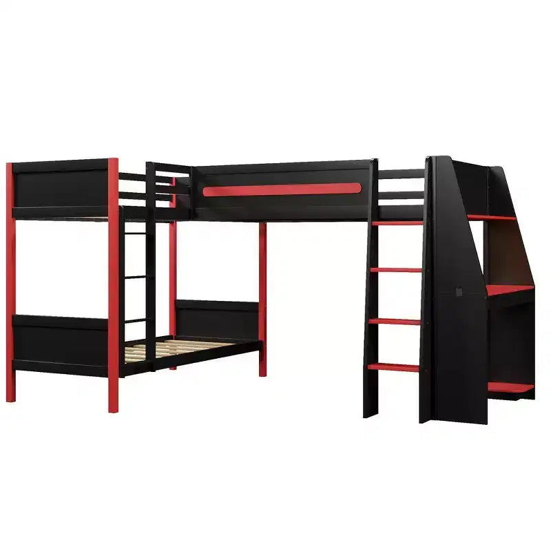 Whisen Lit superposé en L de taille double avec lit mezzanine de jeu de taille double, bureau intégré, étagères - Noir et Rouge