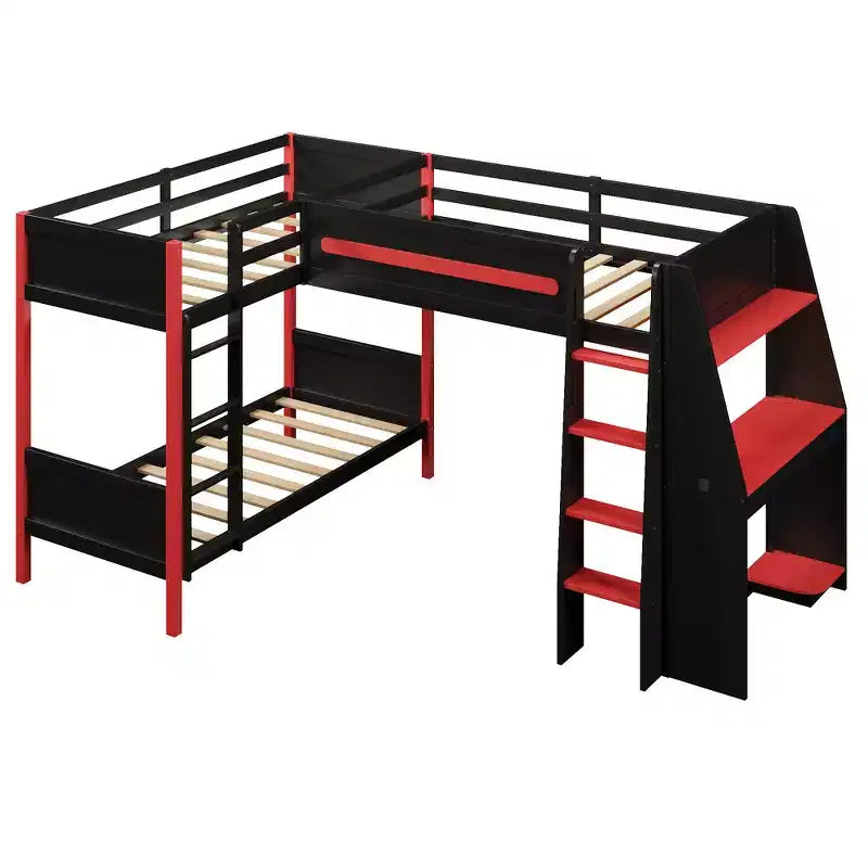 Whisen Lit superposé en L de taille double avec lit mezzanine de jeu de taille double, bureau intégré, étagères - Noir et Rouge
