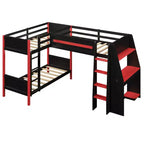 Whisen Lit superposé en L de taille double avec lit mezzanine de jeu de taille double, bureau intégré, étagères - Noir et Rouge