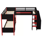 Whisen Lit superposé en L de taille double avec lit mezzanine de jeu de taille double, bureau intégré, étagères - Noir et Rouge