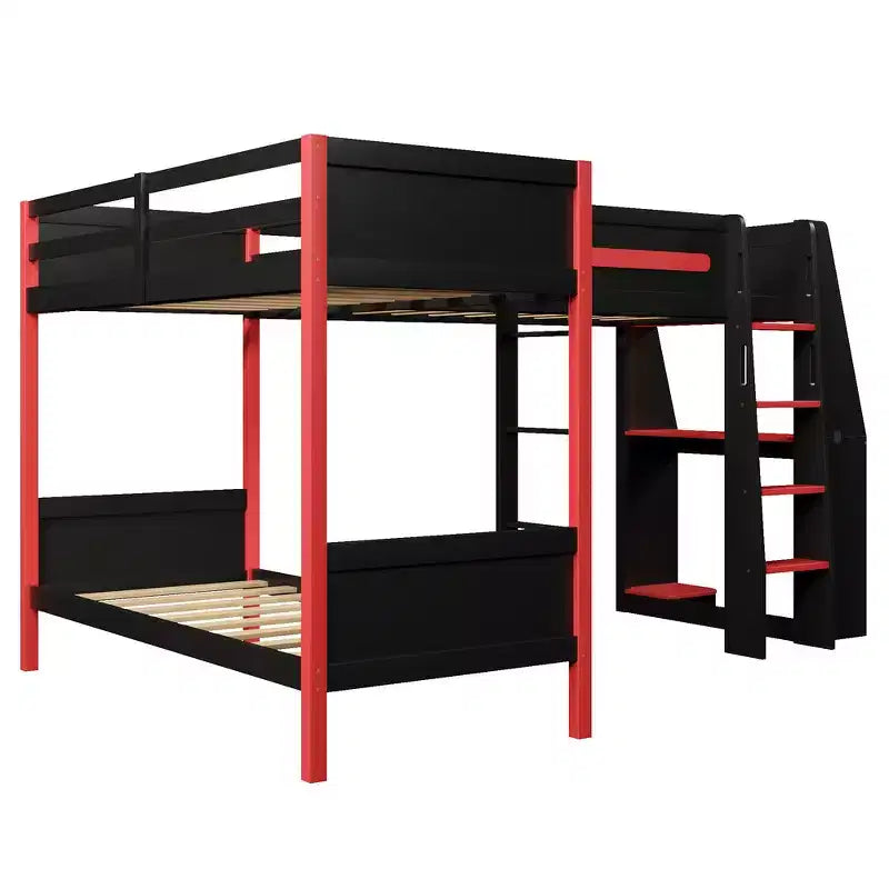 Whisen Lit superposé en L de taille double avec lit mezzanine de jeu de taille double, bureau intégré, étagères - Noir et Rouge