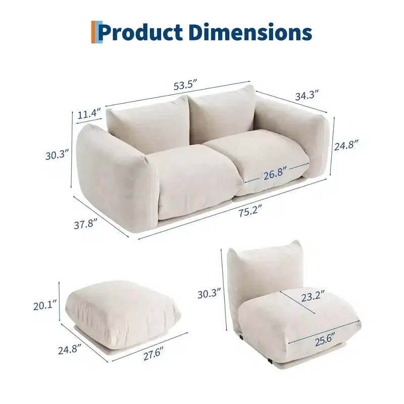 Canapé modulaire en tissu chenille, Causeuse 2 places style nuage avec coussins haute résilience, Design sans ossature pour appartements et salons