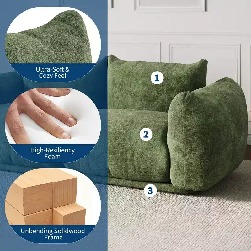 Canapé modulaire en tissu chenille, Causeuse 2 places style nuage avec coussins haute résilience, Design sans ossature pour appartements et salons
