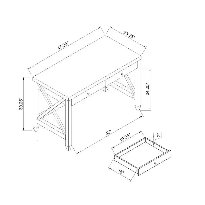 TUYOHW Bureau en bois pour la maison, table d'écriture avec poignées en bois, deux tiroirs, piètement en X, bureau flottant pour le bureau, le bureau ou la chambre