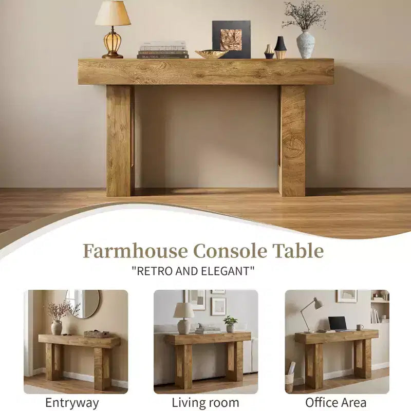 Console de 63 pouces, Table d'entrée de ferme avec rangement, Grain de bois local, Table de canapé rectangulaire en bois pour entrée, couloir, salon