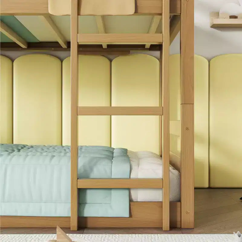 Lit superposé triple Bellemave avec deux échelles intégrées et balustrades, lit superposé triple détachable en bois d'hévéa