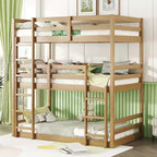 Lit superposé triple Bellemave avec deux échelles intégrées et balustrades, lit superposé triple détachable en bois d'hévéa