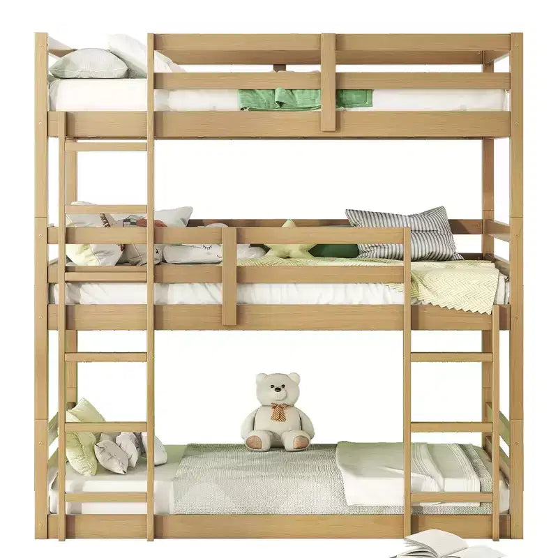 Lit superposé triple Bellemave avec deux échelles intégrées et balustrades, lit superposé triple détachable en bois d'hévéa