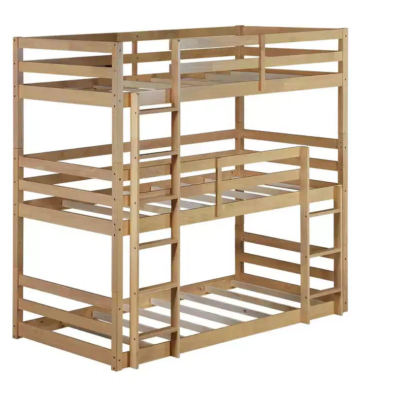Lit superposé triple Bellemave avec deux échelles intégrées et balustrades, lit superposé triple détachable en bois d'hévéa