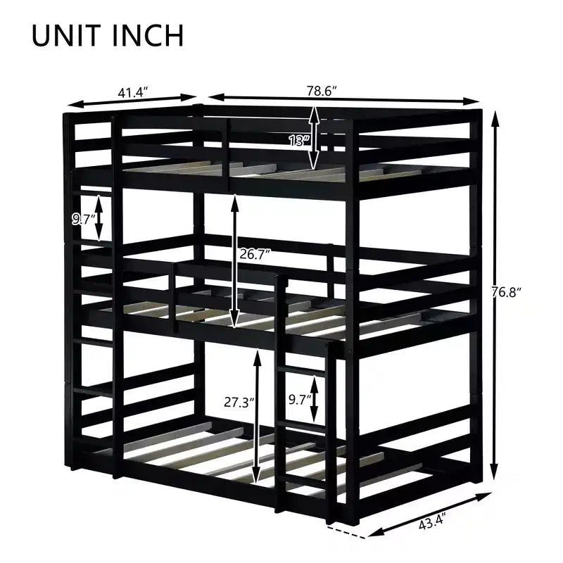 Lit superposé triple Bellemave avec deux échelles intégrées et balustrades, lit superposé triple détachable en bois d'hévéa