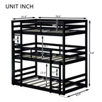 Lit superposé triple Bellemave avec deux échelles intégrées et balustrades, lit superposé triple détachable en bois d'hévéa
