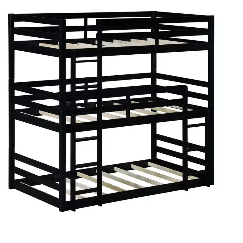 Lit superposé triple Bellemave avec deux échelles intégrées et balustrades, lit superposé triple détachable en bois d'hévéa
