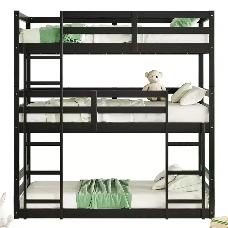 Lit superposé triple Bellemave avec deux échelles intégrées et balustrades, lit superposé triple détachable en bois d'hévéa