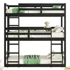 Lit superposé triple Bellemave avec deux échelles intégrées et balustrades, lit superposé triple détachable en bois d'hévéa