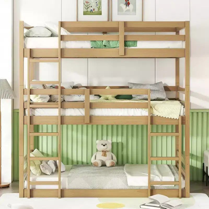 Lit superposé triple Bellemave avec deux échelles intégrées et balustrades, lit superposé triple détachable en bois d'hévéa