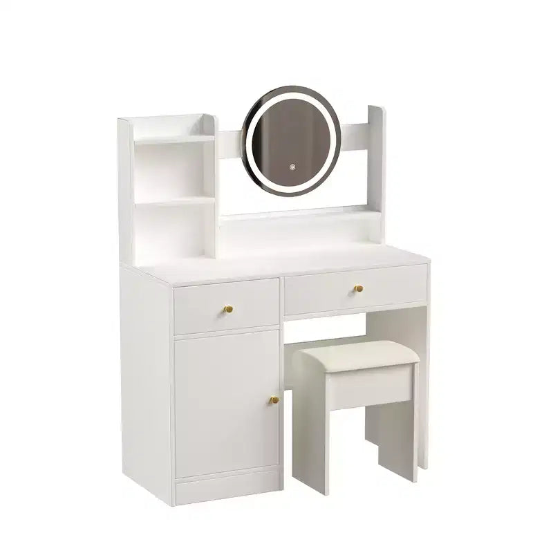 Coiffeuse avec miroir lumineux LED, table de maquillage moderne pour chambre à coucher, 3 modes d'éclairage et luminosité réglable, armoire et tabouret rembourré inclus