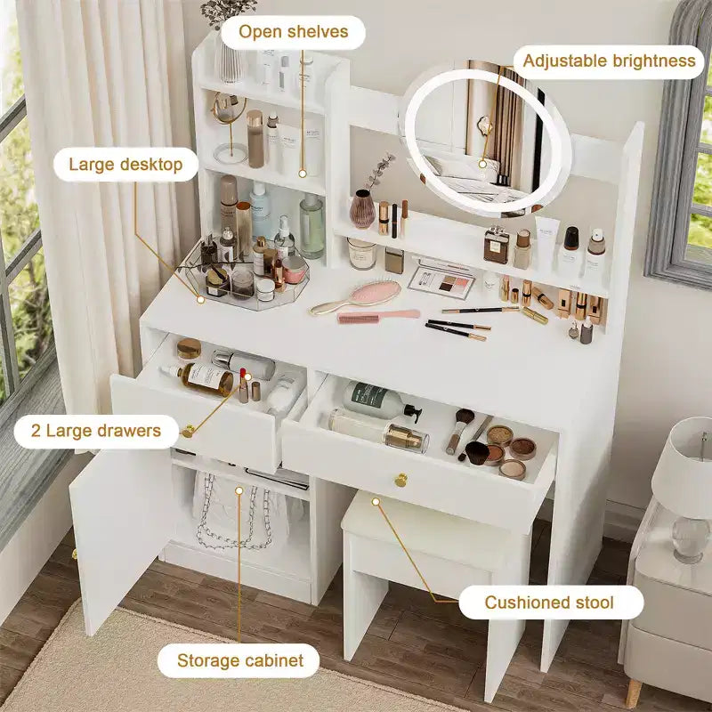 Coiffeuse avec miroir lumineux LED, table de maquillage moderne pour chambre à coucher, 3 modes d'éclairage et luminosité réglable, armoire et tabouret rembourré inclus