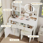Coiffeuse avec miroir lumineux LED, table de maquillage moderne pour chambre à coucher, 3 modes d'éclairage et luminosité réglable, armoire et tabouret rembourré inclus