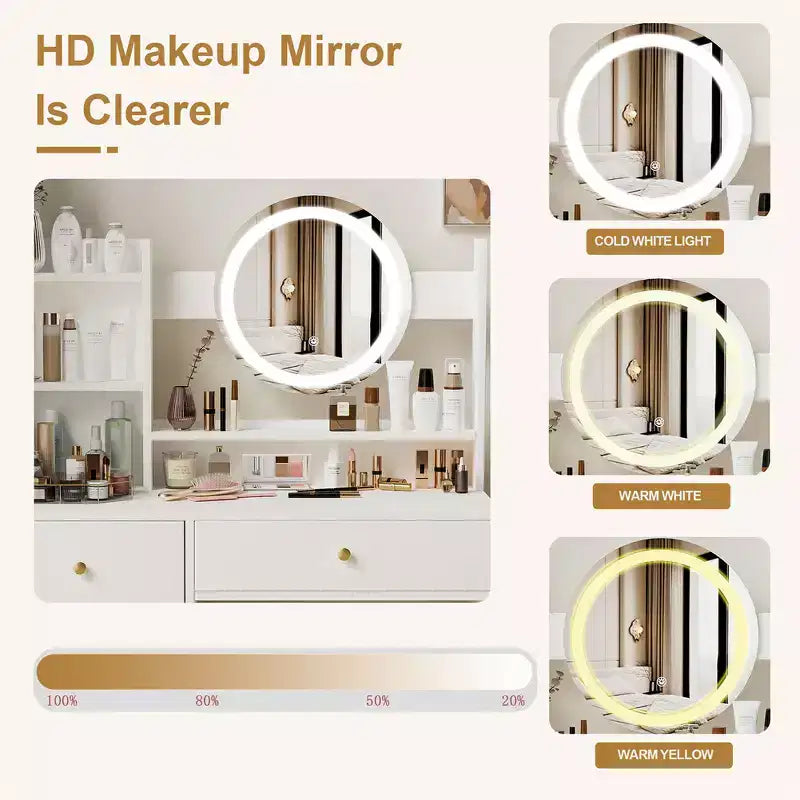 Coiffeuse avec miroir lumineux LED, table de maquillage moderne pour chambre à coucher, 3 modes d'éclairage et luminosité réglable, armoire et tabouret rembourré inclus