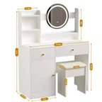 Coiffeuse avec miroir lumineux LED, table de maquillage moderne pour chambre à coucher, 3 modes d'éclairage et luminosité réglable, armoire et tabouret rembourré inclus