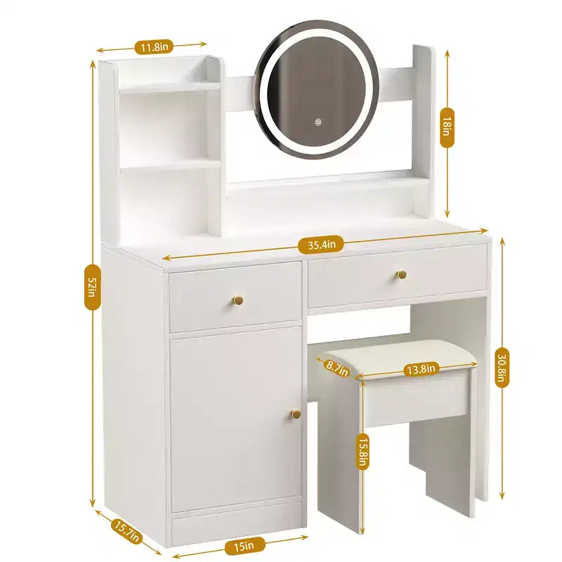 Coiffeuse avec miroir lumineux LED, table de maquillage moderne pour chambre à coucher, 3 modes d'éclairage et luminosité réglable, armoire et tabouret rembourré inclus