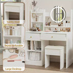 Coiffeuse avec miroir lumineux LED, table de maquillage moderne pour chambre à coucher, 3 modes d'éclairage et luminosité réglable, armoire et tabouret rembourré inclus