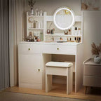 Coiffeuse avec miroir lumineux LED, table de maquillage moderne pour chambre à coucher, 3 modes d'éclairage et luminosité réglable, armoire et tabouret rembourré inclus