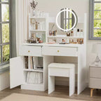 Coiffeuse avec miroir lumineux LED, table de maquillage moderne pour chambre à coucher, 3 modes d'éclairage et luminosité réglable, armoire et tabouret rembourré inclus