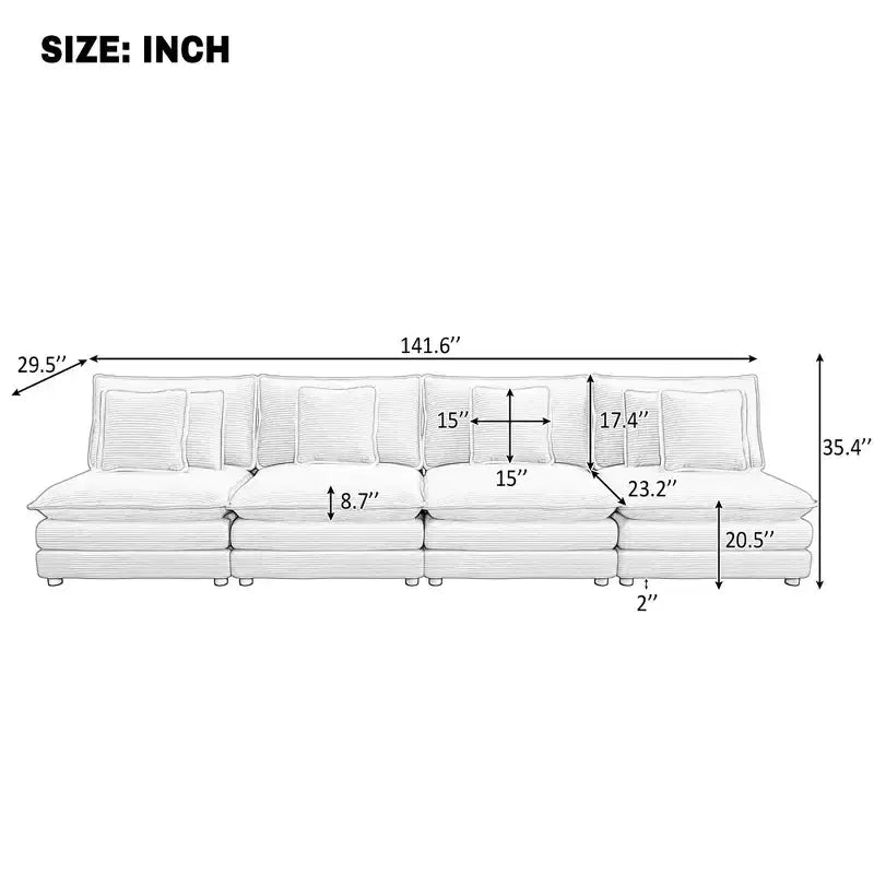 MAYEERTY 141.6 Canapé modulaire moderne en velours côtelé rembourré avec quatre oreillers pour salon, marron