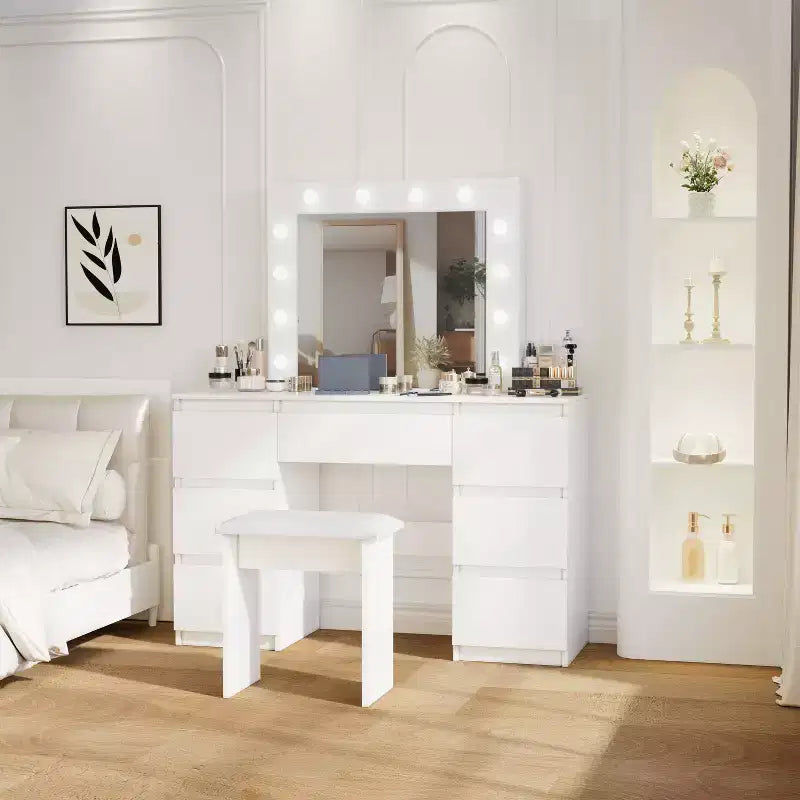 Coiffeuse avec miroir et lumières, 3 modes d'éclairage, table de maquillage avec 4 tiroirs de rangement, table de maquillage pour chambre à coucher