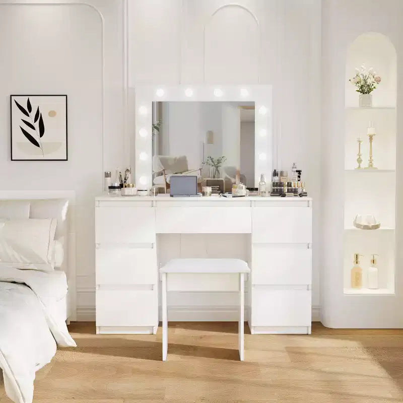 Coiffeuse avec miroir et lumières, 3 modes d'éclairage, table de maquillage avec 4 tiroirs de rangement, table de maquillage pour chambre à coucher