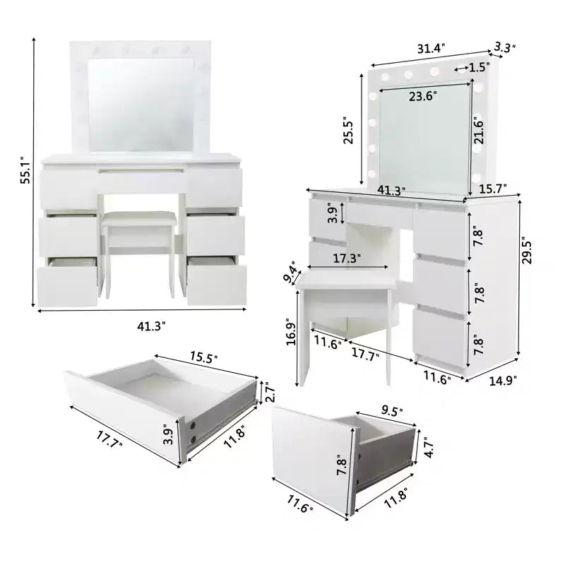 Coiffeuse avec miroir et lumières, 3 modes d'éclairage, table de maquillage avec 4 tiroirs de rangement, table de maquillage pour chambre à coucher