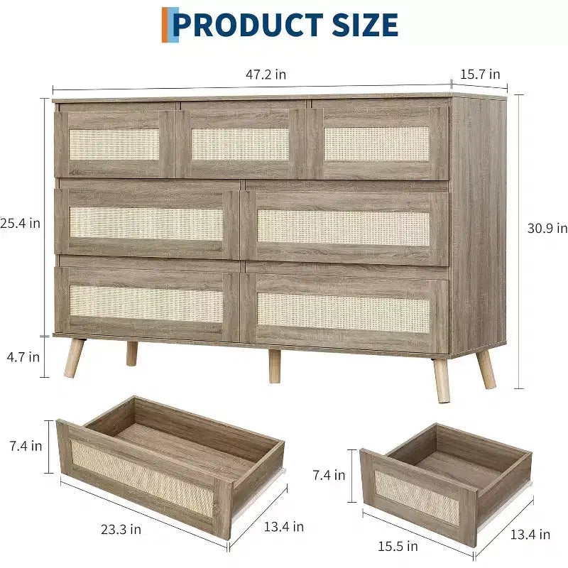 Commodes en Bois pour Chambre avec 7 Tiroirs, Grande Commode Moderne pour Salon, Couloir, Commodes en Bois avec Tiroirs en Rotin