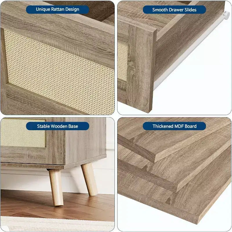 Commodes en Bois pour Chambre avec 7 Tiroirs, Grande Commode Moderne pour Salon, Couloir, Commodes en Bois avec Tiroirs en Rotin