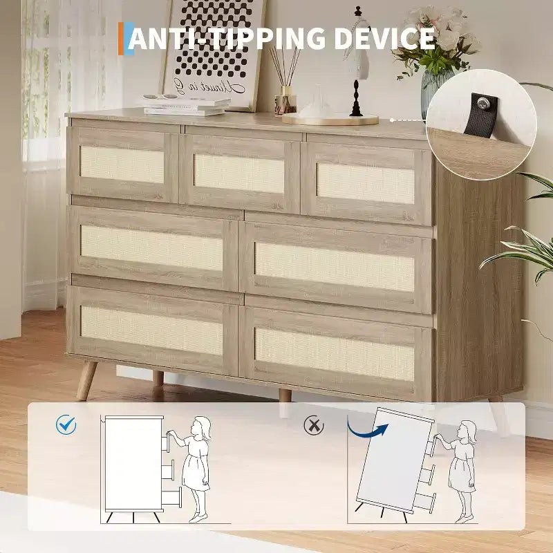 Commodes en Bois pour Chambre avec 7 Tiroirs, Grande Commode Moderne pour Salon, Couloir, Commodes en Bois avec Tiroirs en Rotin