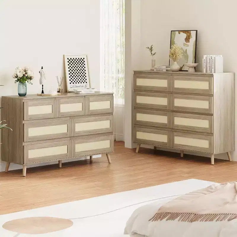 Commodes en Bois pour Chambre avec 7 Tiroirs, Grande Commode Moderne pour Salon, Couloir, Commodes en Bois avec Tiroirs en Rotin