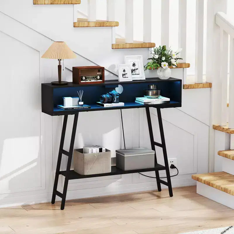 Costway Table Console 100 cm avec Bande d'Alimentation, Table d'Entrée à 3 Niveaux avec Lumières LED RGB Noir