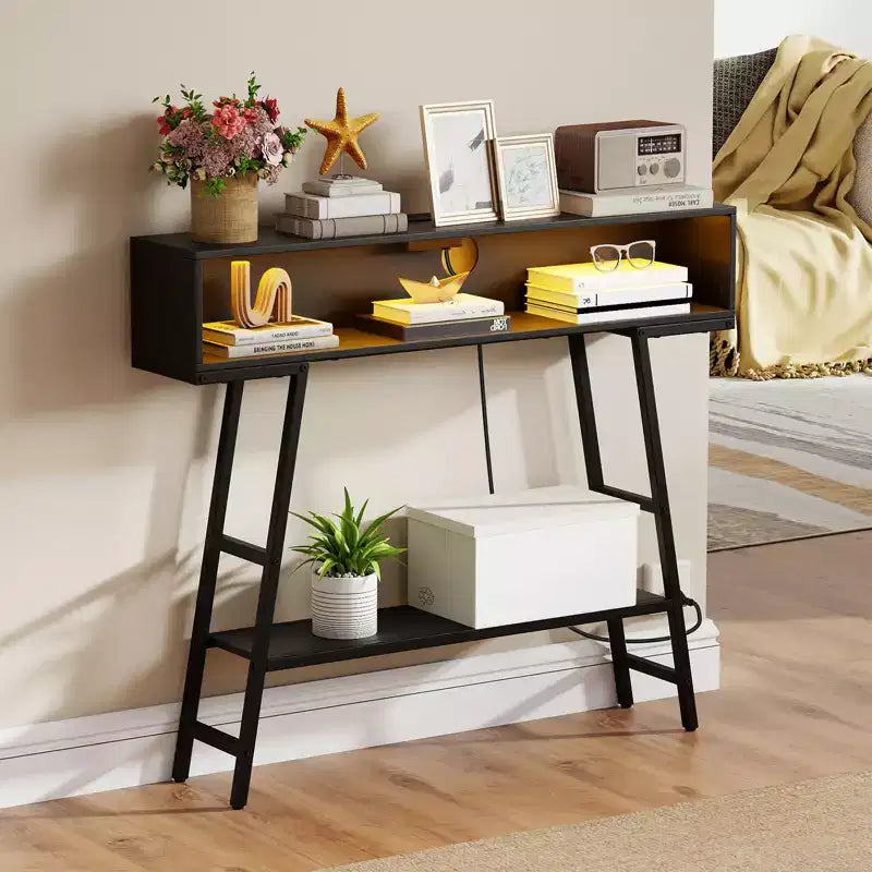 Costway Table Console 100 cm avec Bande d'Alimentation, Table d'Entrée à 3 Niveaux avec Lumières LED RGB Noir