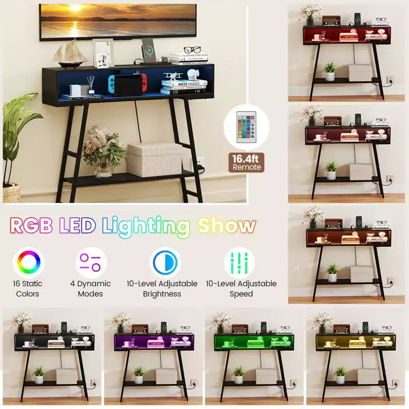 Costway Table Console 100 cm avec Bande d'Alimentation, Table d'Entrée à 3 Niveaux avec Lumières LED RGB Noir