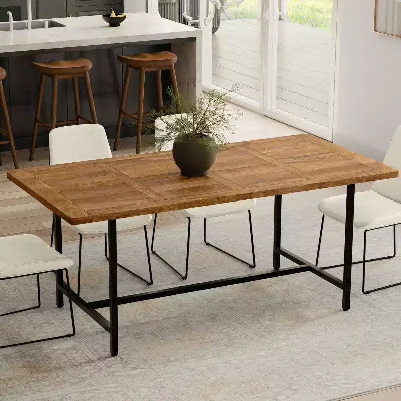 Table à manger moderne industrielle rectangulaire Portage bois et métal de 183 cm de large