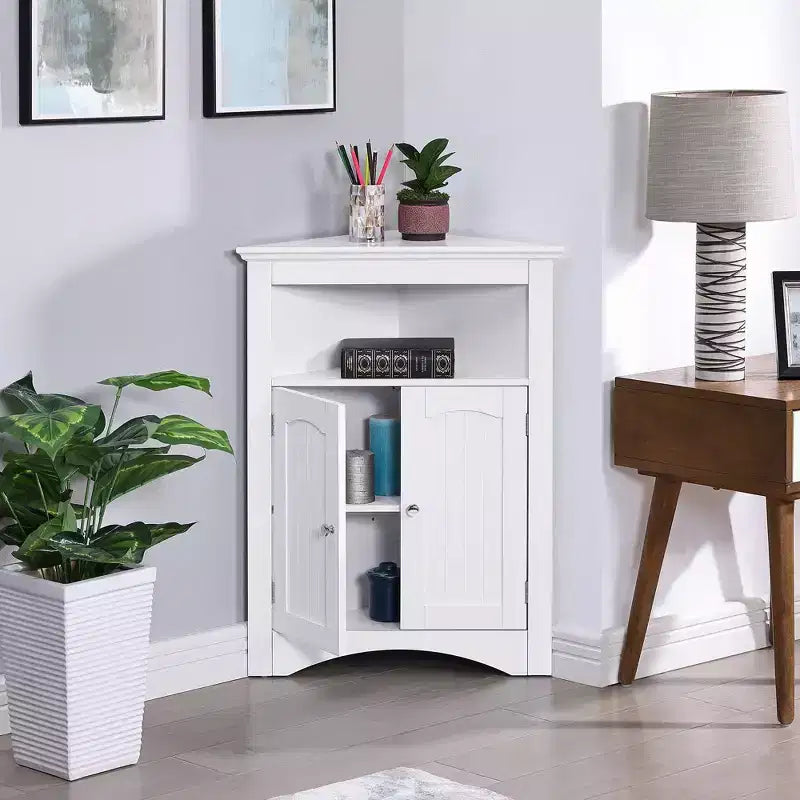 Meuble d'appoint d'angle, Meuble de rangement de salle de bain sur pied avec portes et étagères, Rangement autonome pour la cuisine, le salon, la salle de bain