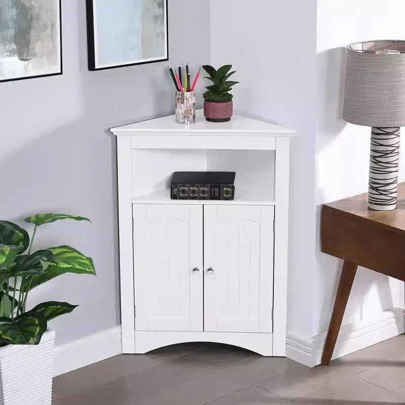 Meuble d'appoint d'angle, Meuble de rangement de salle de bain sur pied avec portes et étagères, Rangement autonome pour la cuisine, le salon, la salle de bain